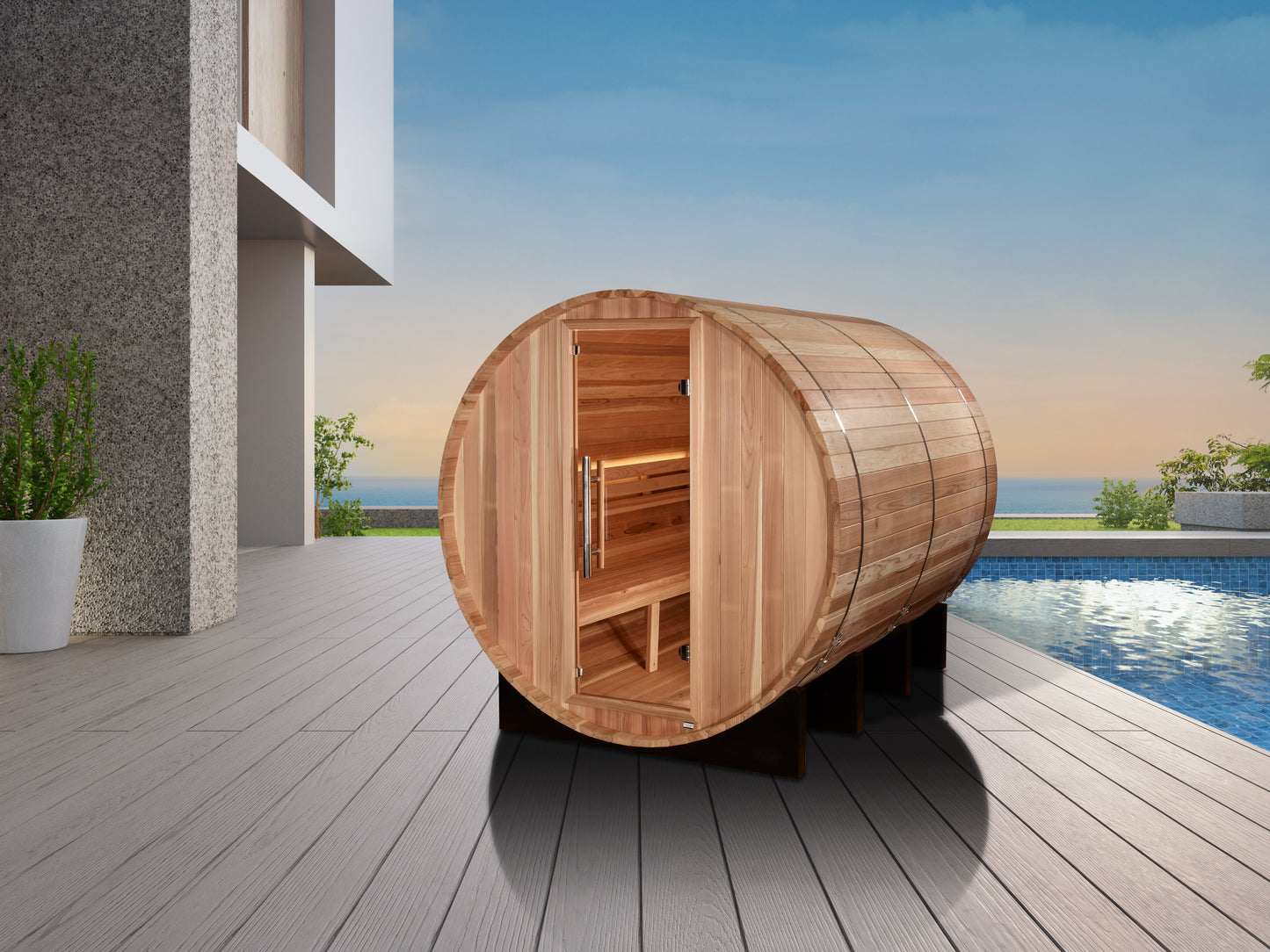 Golden Designs "Klosters" 6 Person Barrel Traditional Sauna - Pacific Cedar (GDI-B006-01)