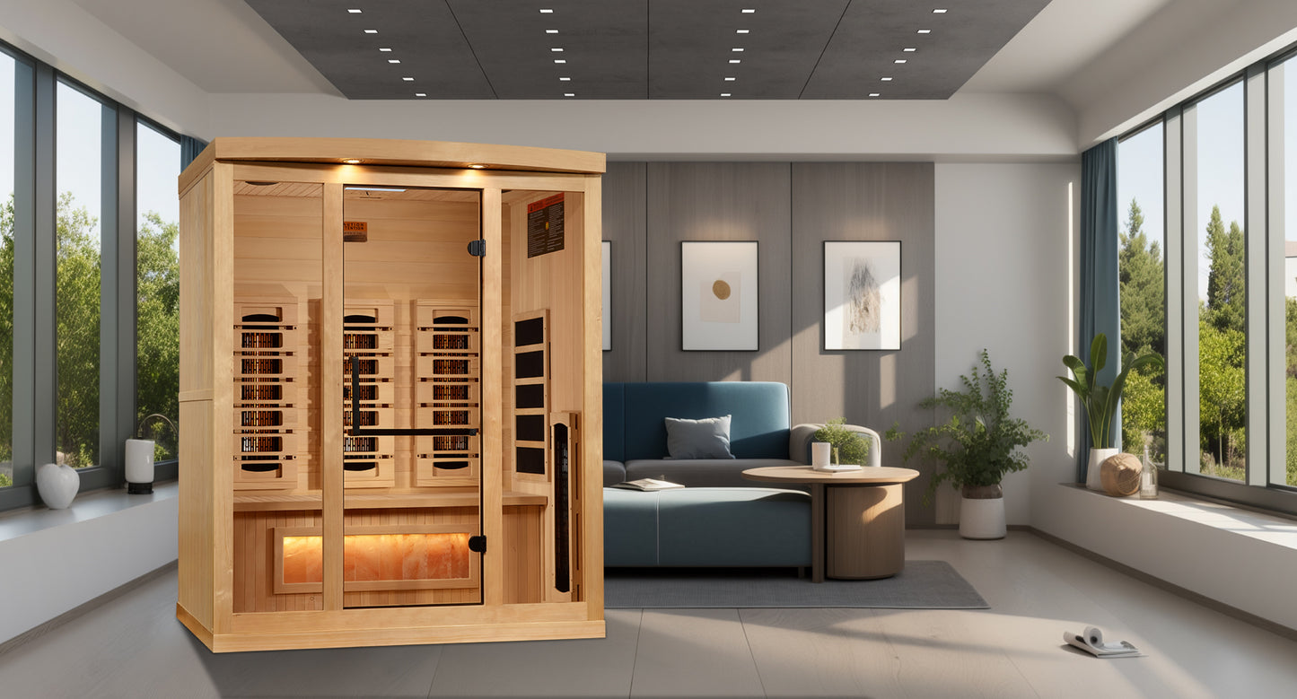Golden Designs 3-Person Full Spectrum PureTech™ Near Zero EMF FAR Infrared Sauna with Himalayan Salt Bar (GDI-8030-03)