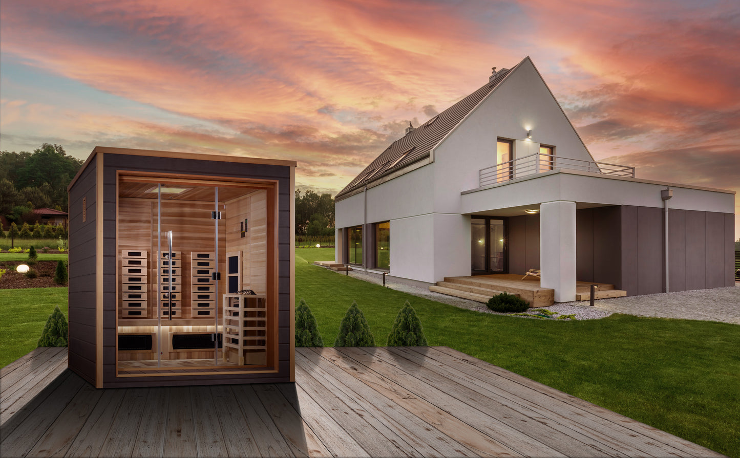 Golden Designs Visby 3 Person Hybrid (PureTech™ Full Spectrum IR or Traditional Stove) Outdoor Sauna (GDI-8223-01)